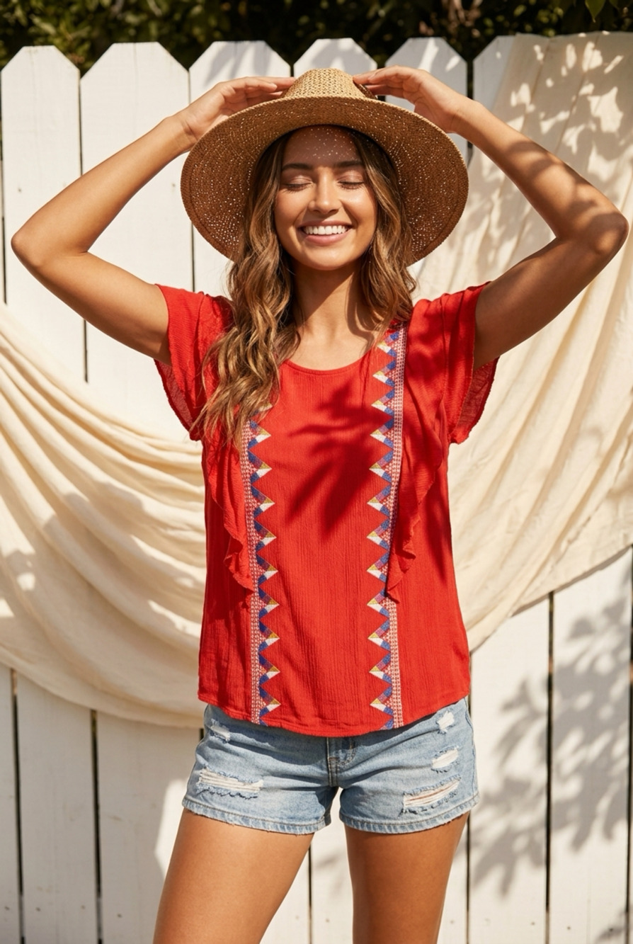 Entro Embroidered Flutter Sleeve Top Size M Red Boho Blouse
